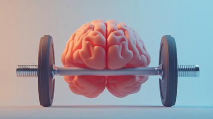 Conceptual illustration of a brain as a weight barbell, symbolizing mental strength and fitness, with a gradient background enhancing the visual impact of the design