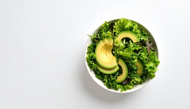 Fresh avocado salad with mixed greens in a white bowl on a white background - Powered by Adobe