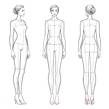 Lingerie fashion template showing female body with minimal linework in front and side views for designers
