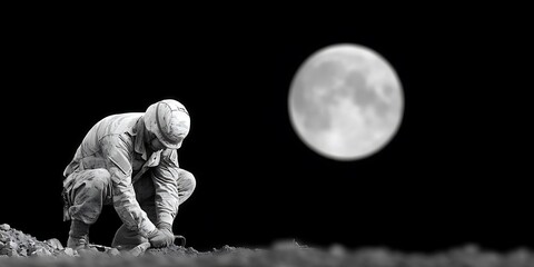 Soldier digging under the moonlight a solitary moment of work and reflection