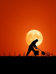 Farmer working in the field against a dramatic sunset with a full moon and crosses