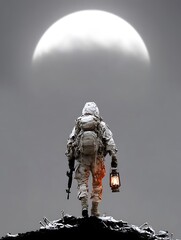Lone Traveler Navigates Lunar Landscape with Lantern Under a Partial Eclipse