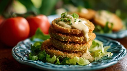 Fried green tomatoes stacked topped with remoulade sauce on a Southern lunch plate