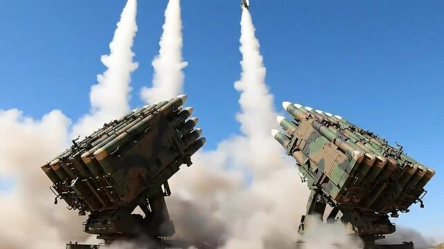 Military Missile Defense System Against Clear Blue Sky Landscape Photo Military Tech Equipment Defense Technology