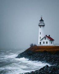 A solitary lighthouse stands tall against a stormy sea with crashing waves and a misty sky