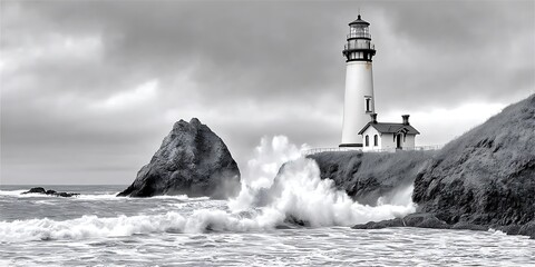 Dramatic Black And White Seascape Featuring A Majestic Lighthouse On A Cliff Top Amidst Crashing Waves Under A Moody Sky