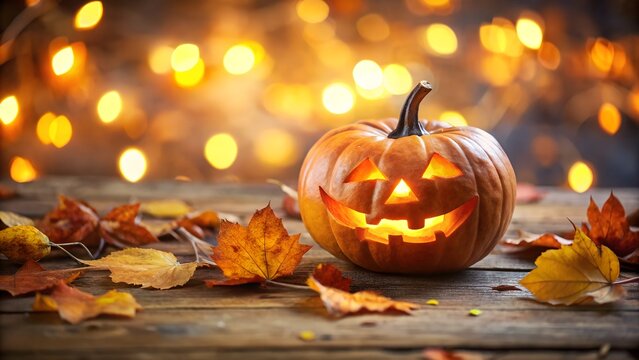 Photo of a carved halloween pumpkin jack o lantern with a glowing face sits on a wooden table surrounded by autumn leaves and bokeh lights