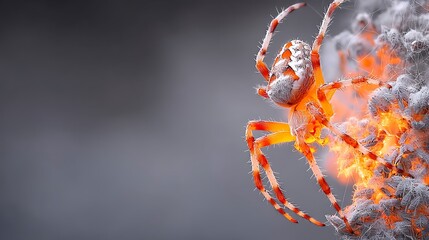 Fiery Spider Emerging from Frozen Web with Intense Glowing Eyes and Detailed Legs against a Moody Grey Background