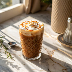 Salted caramel coffee in a textured glass with cream swirls and caramel drizzle.