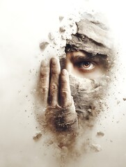 Face Emerging from a Dust Cloud with Hand Partially Obscuring It