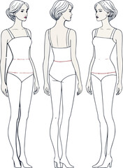 Detailed vector illustration of a woman in lingerie showing clothing front, back, and side