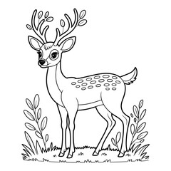  Charming illustration of a young deer with antlers standing amidst delicate foliage and grass