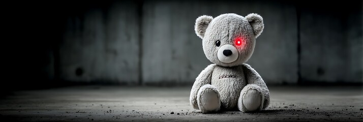 Creepy Teddy Bear with Glowing Red Eye in Dark Industrial Setting