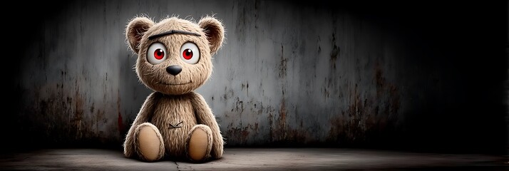 Creepy teddy bear with glowing red eyes sitting in a dark eerie room