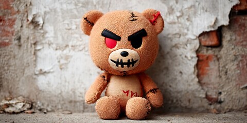 An evil looking teddy bear with a red eye sits against a distressed concrete wall