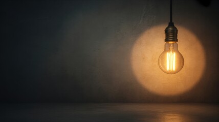 A vintage lightbulb hangs against a dark wall, illuminating the space