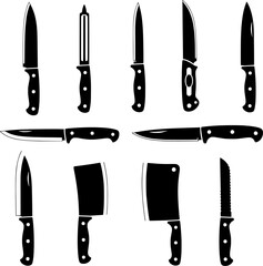Set of Black Knife and Kitchen Utensil Icons
