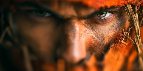 Intense Close Up of a Fierce Warrior with a Focused Gaze and Detailed Facial Features