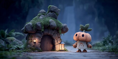 Charming fantasy mushroom house with a friendly forest creature illuminated by a lantern