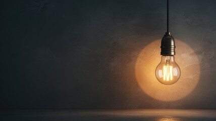 A vintage lightbulb hangs against a dark wall, illuminating the space