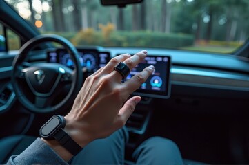 Caucasian male using ring for smart car control with advanced technology interfaces