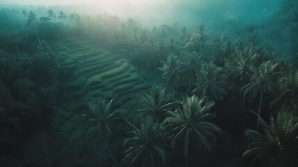Misty sunrise over lush green rice terraces and palm trees in tropical jungle.