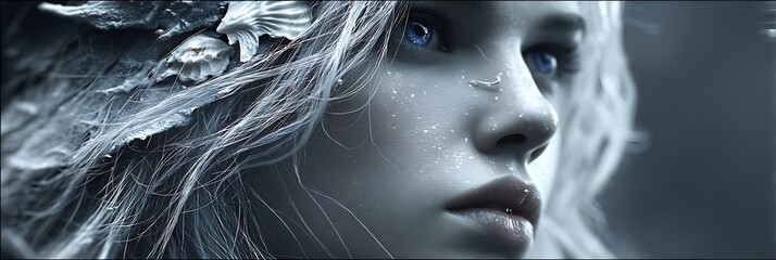 Enchanting Frozen Queen with Eyes of Ice and Glittering Frost Adorning Her Hair