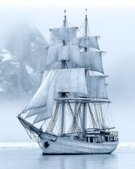Majestic tall ship sailing through misty polar waters with snow-capped mountains in the background
