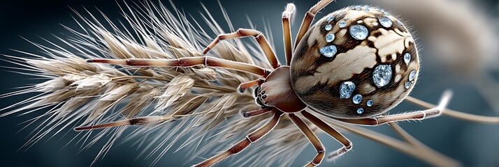 Intricate Details of a Spider Adorned with Dewdrops on a Dried Grass Spike