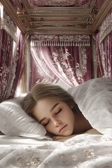 A young woman peacefully sleeps under luxurious bedding in a richly decorated bedroom bathed in soft light