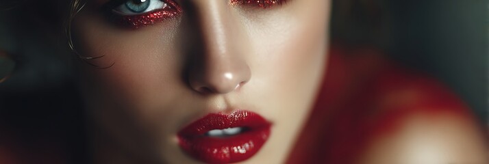 Glamorous Close-Up of a Woman with Bold Red Lipstick and Glitter Eye Makeup