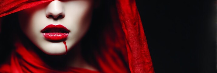 Sensual Woman with Red Fabric and Blood Drip on Lips