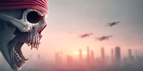 A grim skeleton with a red bandana overlooks a misty city skyline with fighter jets flying in formation during a dramatic sunset
