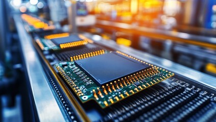 A close-up of electronic circuit boards with microchips moving along an automated production line in a high-tech manufacturing facility.