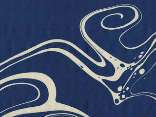 Dynamic abstract illustration featuring elegant beige swirls and flowing lines, evoking a sense of fluid motion like water waves or smoke on a rich navy blue textured background.