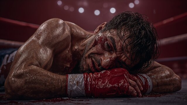 A defeated boxer lies on the canvas with blood on his face and glove in a dimly lit boxing ring