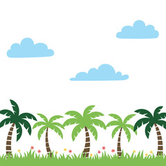 Obraz premium Cartoon palm trees grass and clouds on a white background