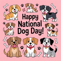 Happy national dog day greeting with cute cartoon dogs and paw prints