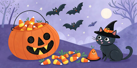 Fototapeta premium Whimsical Halloween scene with smiling pumpkin, witch cat, candy corn, and flying bats under a full moon