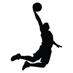  Silhouette of a dynamic basketball player executing a powerful slam dunk mid air