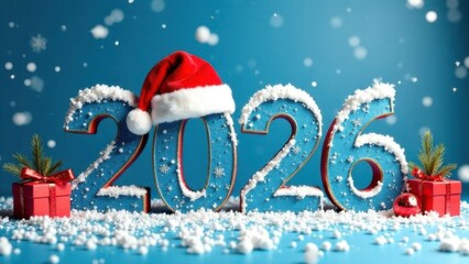 2026 sign, Happy New Year holiday card, 3d numbers on blue background with snow, gifts and Christmas cap for calendar