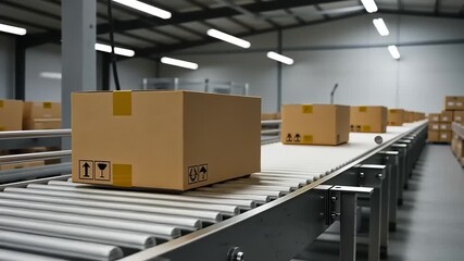 Cardboard boxes moving on a conveyor belt in a modern warehouse, showcasing efficient logistics operations