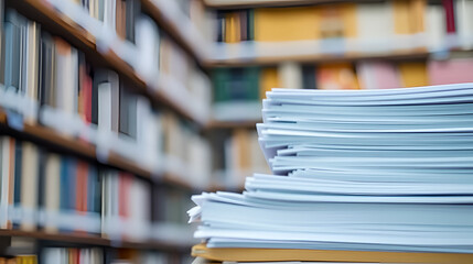 AI analyzing academic papers for plagiarism detection selective focus, A tall stack of documents in a library setting, showcasing organized paper files in a blurred background of shelves.