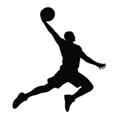  Silhouette of a dynamic basketball player executing a powerful slam dunk mid air © miraj