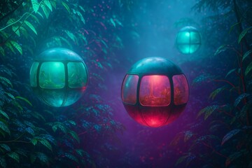 Glowing Jungle Pods Floating in Neon Mist Over Rainforest Canopy