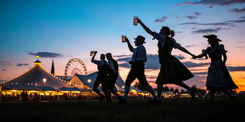 Joyful people celebrating at a festival with beer, dancing, and vibrant sunset atmosphere