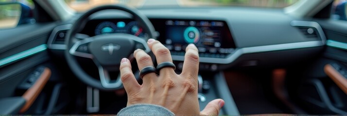 Hand with rings near futuristic car dashboard displaying digital controls