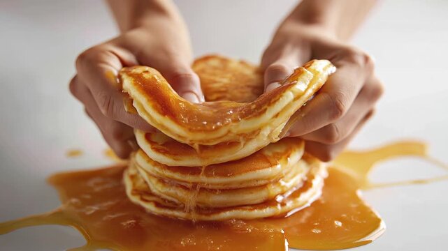 The hands stay in frame and firmly press into the cake from both sides. As they squeeze harder, the soft cake compresses and deforms. 