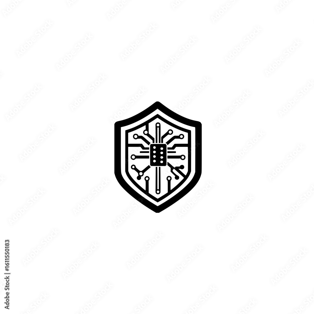Poster shield with microchip icon representing cybersecurity data protection and digital safety vector