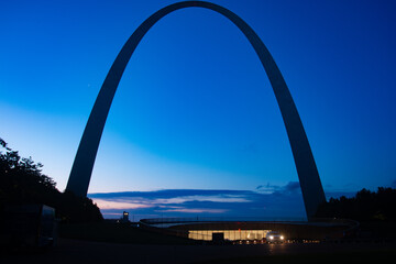 St. Louis Arch with security vehicle during blue hour